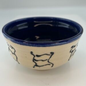 Studio Pottery Bowl Artist Signed Small 5” Blue Cream Abstract Pattern Exterior